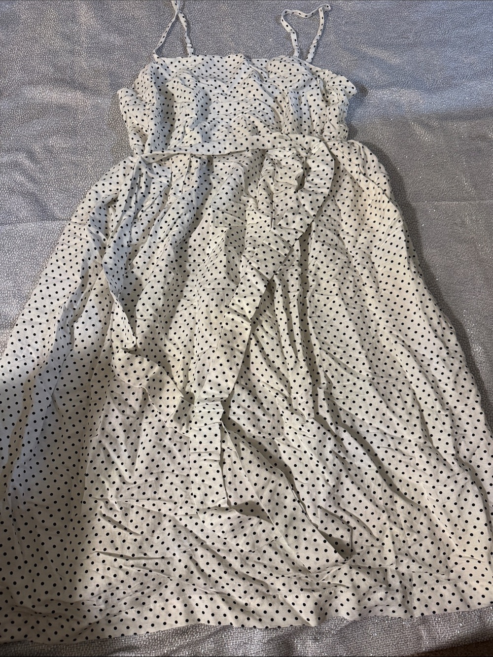 White Polka Dot Maxi Dress with Ruffle Front